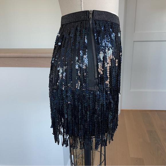 Black & Blue Sequin Fringe over Black Vegan Leather Mini Skirt Size 0-2 - Picture 2 of 9